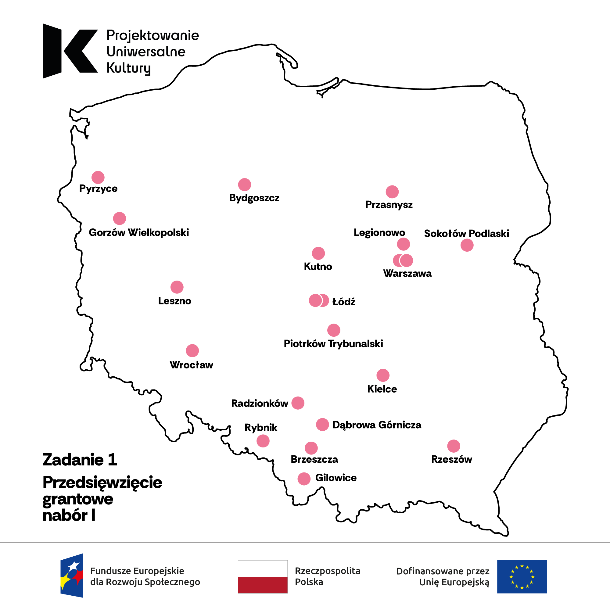 Mapa Polski z&nbsp;zaznaczonymi miejscowościami, w&nbsp;których instytucje kultury realizują granty. Nabór 1: Radzionków, Bydgoszcz, Gilowice, Brzeszcza, Rzeszów, Piotrków Trybunalski, Warszawa, Leszno, Kutno, Łódź, Sokołów Podlaski, Gorzów Wielkopolski, Pyrzyce, Łódź, Warszawa, Wrocław, Rybnik, Legionowo, Kielce, Przasnysz, Dąbrowa Górnicza.