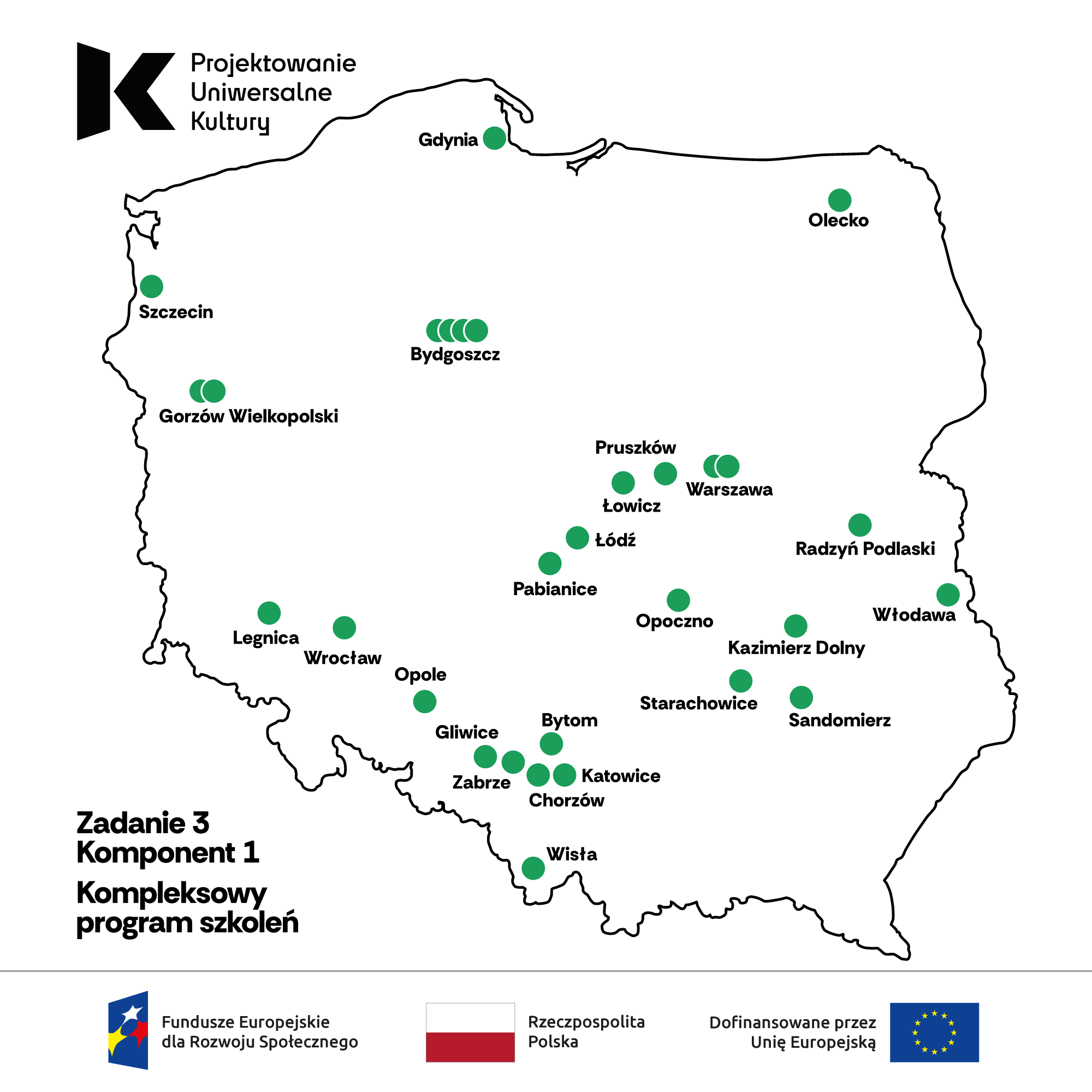 Mapa Polski z&nbsp;zaznaczonymi miejscowościami, z&nbsp;których instytucje kultury wezmą udział w&nbsp;szkoleniach. Są to: Gdynia, Szczecin, Olecko, Bydgoszcz (4 instytucje), Gorzów Wielkopolski (2 instytucje), Pruszków, Warszawa (2 instytucje), Łowicz, Łódź, Pabianice, Radzyń Podlaski, Włodawa, Opoczno, Kazimierz Dolny, Starachowice, Sandomierz, Bytom, Katowice, Chorzów, Zabrze, Gliwice, Wisła, Opole, Wrocław, Legnica.