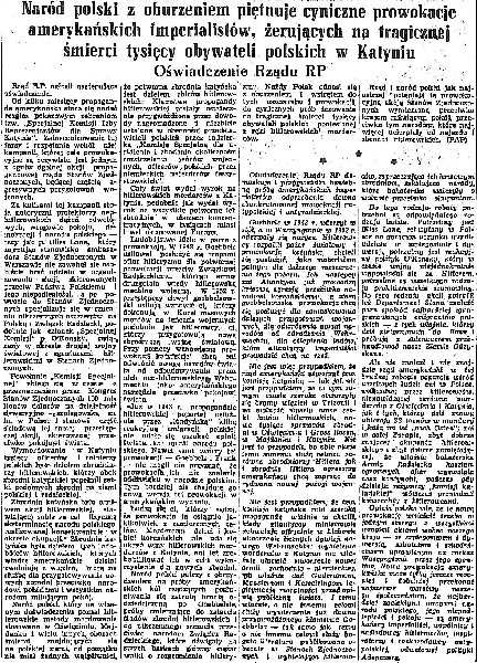 Oświadczenie Rządu RP w "Trybunie Ludu", 1 marzec 1952 roku.