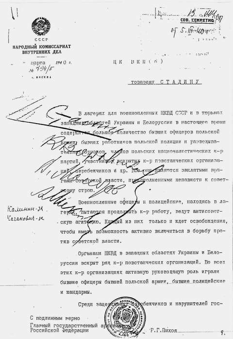 Kopia decyzji o zamordowaniu polskich jeńców wojennych z podpisami Józefa Stalina i innych członków Biura Politycznego WKPb