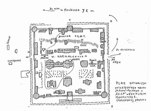 Plan sytuacyjny obozu w Kozielsku. 