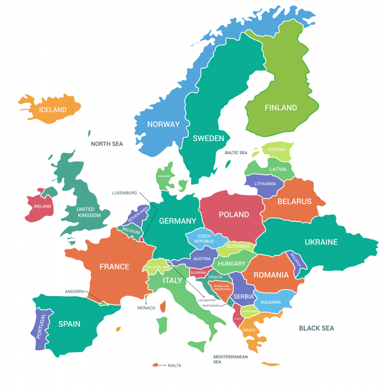Na zdjęciu znajdują się kontury kontynentu europejskiego.. Na białym tle narysowane są różnokolorowe kontury wszystkich krajów europejskich. 